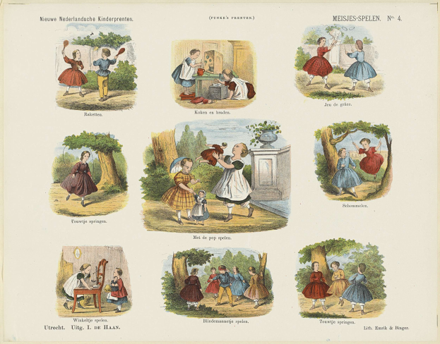 Ein Kinderbuch mit Bildern von Kindern, die im Park mit Bäumen und anderen Gegenständen spielen, begleitet von Text.