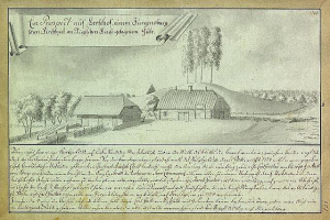 Ein altes Dokument mit einer Zeichnung eines Hofes in einem Feld, umgeben von Häusern, Bäumen und einem Himmel, mit dem Text "Surgensburg, Deutschland - Landschaft eines Hofes".