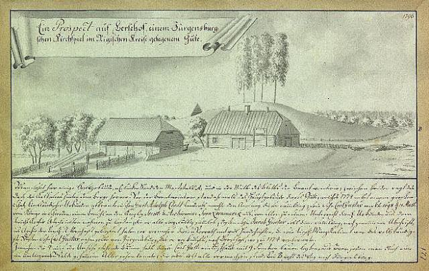 Ein altes Dokument mit einer Zeichnung eines Hofes in einem Feld, umgeben von Häusern, Bäumen und einem Himmel, mit dem Text "Surgensburg, Deutschland - Landschaft eines Hofes".