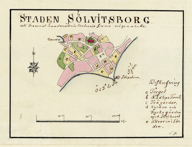 Detailierte Papierkarte der Stadt Staden Solvitsborg, Schweden, mit Straßen, Gebäuden und Sehenswürdigkeiten mit handgeschriebenem Text.