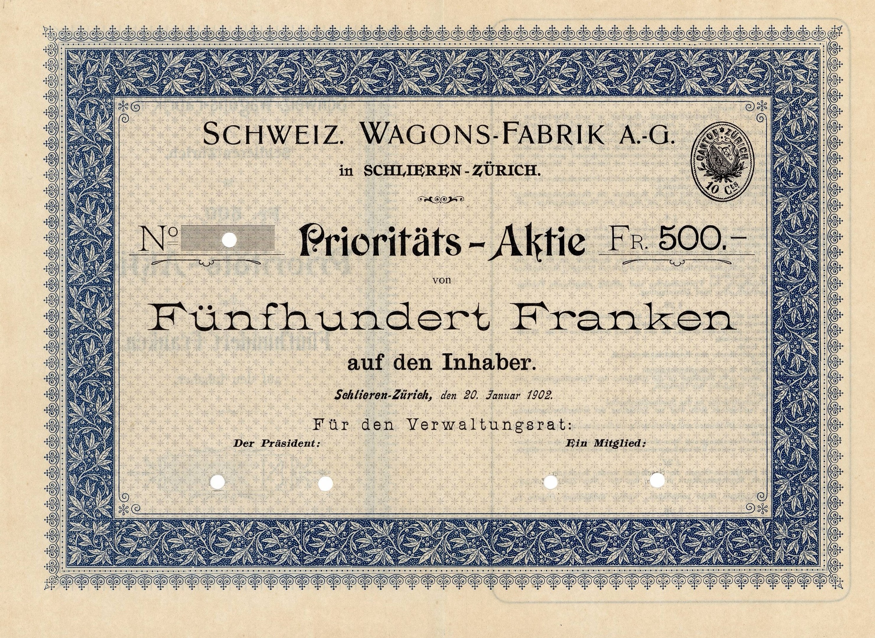 Altes deutsches Aktienzertifikat mit blauem Rand, das den Text "Schweiz Wagons-Fabrik A.G." enthält