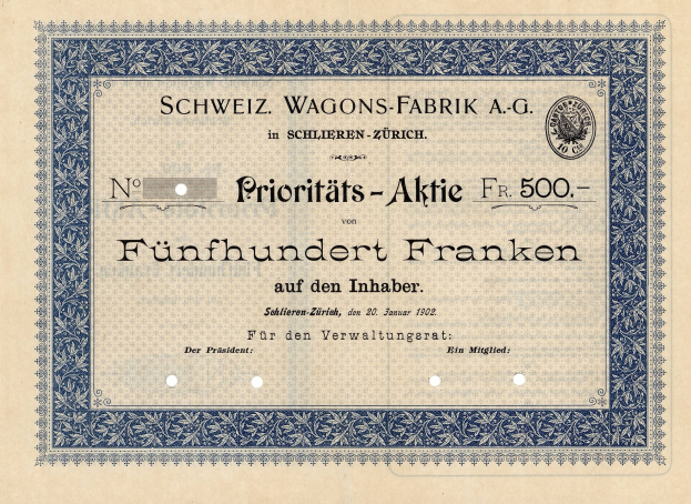 Altes deutsches Aktienzertifikat mit blauem Rand, das den Text "Schweiz Wagons-Fabrik A.G." enthält