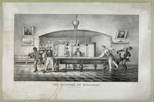 Eine Gruppe von Menschen, die Billard in einem Raum mit Fotorahmen und einer Uhr an der Wand spielen, mit dem Text "Die Schönheiten des Billards" unten.