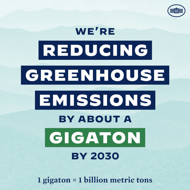 Plakat mit der Aufschrift "Wir reduzieren die Treibhausgasemissionen um etwa eine Gigatonne bis 2030" mit einem Logo, das die Reduzierung der Treibhausgasemissionen bis 2030 fordert.