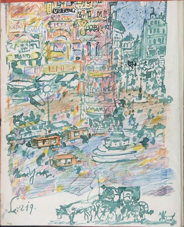 Buchumschlag mit detaillierter Illustration einer belebten Stadtlandschaft mit Gebäuden, Fahrzeugen, Menschen und einem Brunnen, sowie etwas Text.