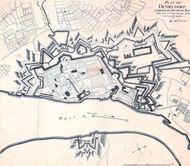 Detailierte Stadtplan-Poster von Düsseldorf, Deutschland, mit Straßen, Gebäuden, Sehenswürdigkeiten und Texten über die Bevölkerung, Geschichte und Kultur der Stadt.