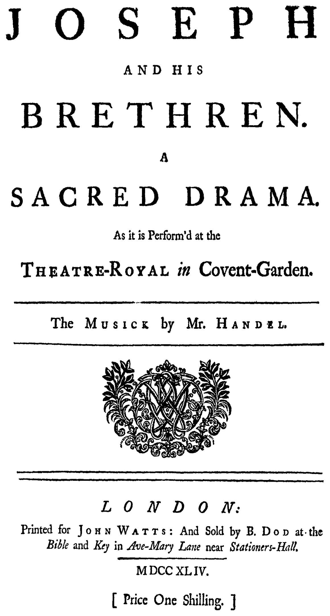 Eine Gruppe von Menschen, darunter Joseph, führt ein heiliges Drama auf einer Bühne im Theatre Royal in Covent Garden auf, während sie auf einem Papier mit Text und Logo stehen.