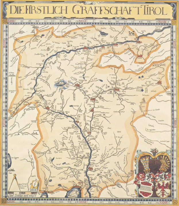 Ein detailliertes historisches Plakat der ersten Grafschaft Tirol, das eine Karte mit geografischen Merkmalen, Städten und begleitendem Text zeigt.