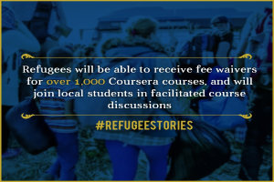Plakattext states refugees can receive fee waivers for over 1,000 Coursera courses and join local students in facilitated discussions, with several people holding bags in the background.