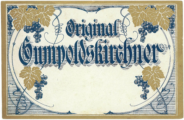 Ein altes deutsches Weinlabel mit einer Illustration von Trauben und Blättern und einem Text, der den Wein Typ angibt.