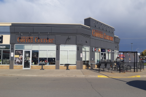 Ein Kaffeeshop an einer Straßenecke mit einer Straße im Vordergrund, einem Gebäude im Hintergrund, einigen Fahrzeugen, Bäumen und einem blauen und weißen Himmel.