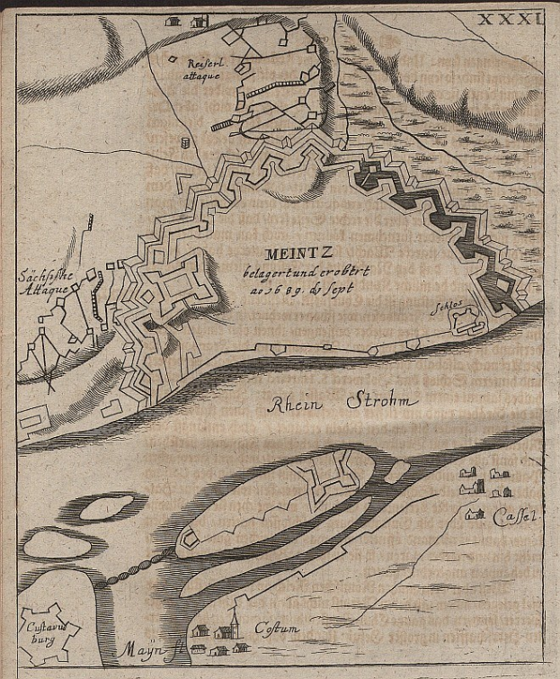 Alte Karte von Meintz, Deutschland, zeigt Straßen, Gebäude und Sehenswürdigkeiten mit Textangaben zur Bevölkerung, Lage und Geschichte.