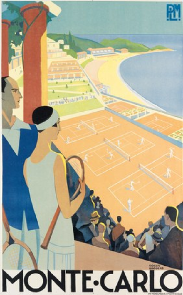 Plakat für ein Tennisturnier in Monte Carlo mit zwei Spielern auf einem Platz umgeben von Grün, Gebäuden und Wasser, mit "Monte Carlo"-Text unten.