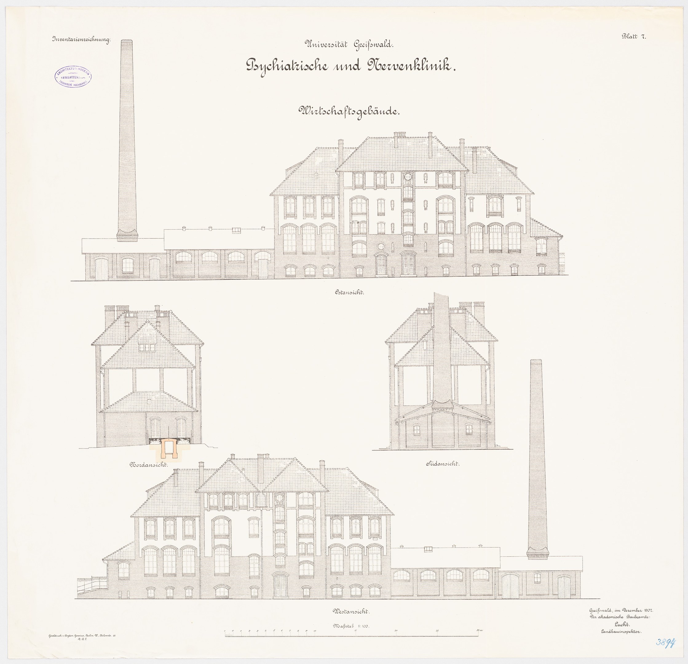 Eine Zeichnung eines Gebäudes mit zahlreichen Fenstern und einem Schornstein, identifiziert als psychiatrische Klinik in Deutschland, begleitet von handgeschriebenem Text auf demselben Papier.
