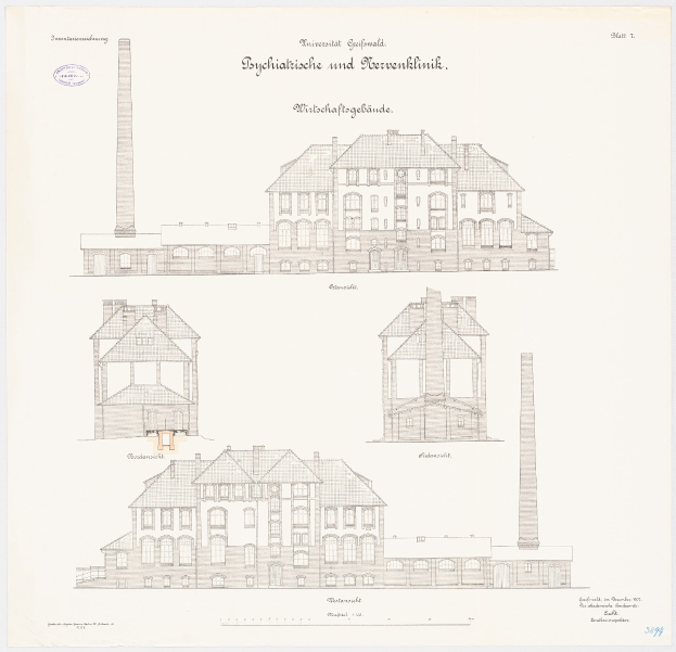 Eine Zeichnung eines Gebäudes mit zahlreichen Fenstern und einem Schornstein, identifiziert als psychiatrische Klinik in Deutschland, begleitet von handgeschriebenem Text auf demselben Papier.