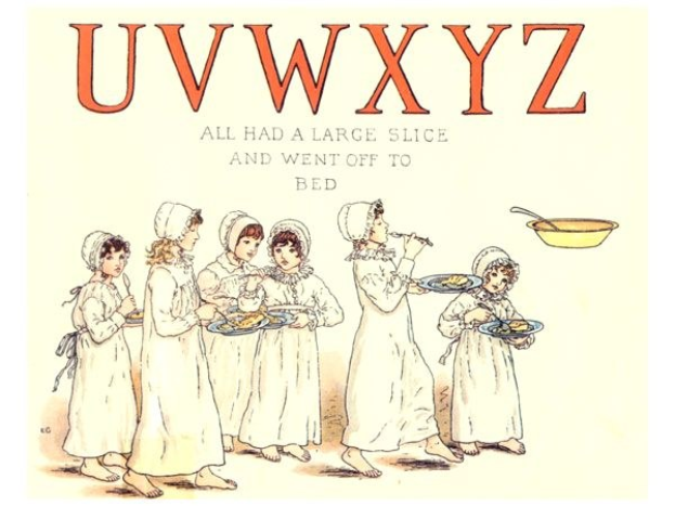 Eine Gruppe von Menschen hält Teller mit Essen, eine Schüssel und einen Löffel auf der rechten Seite, mit Text oben, der "Uwxyz - Alle hatten ein großes Stück und gingen ins Bett".