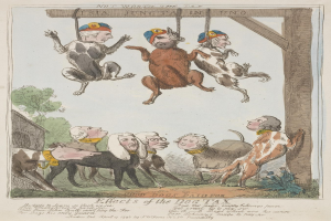 Ein Blatt Papier mit einer Zeichnung von Menschen und Tieren, darunter ein Hund, der an einem Holzpfahl hängt, und handgeschriebener Text, der wahrscheinlich über eine Hundesteuer handelt.