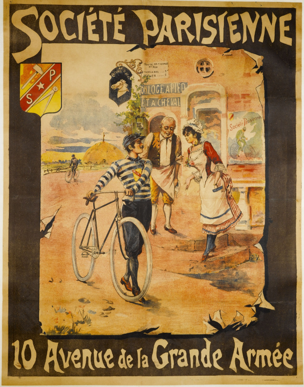 Plakatankündigung eines Fahrradrennens in Paris, Frankreich, mit einer Gruppe von Menschen, von denen einer ein Fahrrad hält, einem Gebäude im Hintergrund und Text, der das Ereignis beschreibt.