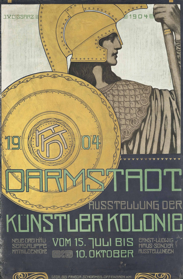 Plakat f├╝r ein 1904er Konzert in Berlin mit einem Helmtr├Ąger, der ein Schild h├Ąlt, mit 'Darmstadt' und 'K├╝nstler Kolonie' in fetter Schrift.