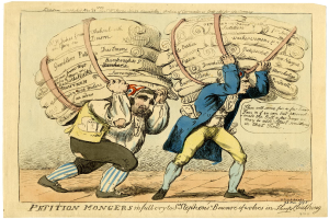 Zwei Karikaturenmännchen kämpfen um ein großes Blatt Papier mit Text darauf, was auf eine heftige Diskussion hindeutet.