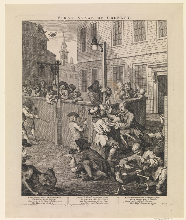 Eine Gruppe von Menschen und Tieren versammelt sich um ein Gebäude mit Fenstern und einem Lichtmast, mit dem Text "Erste Stufe der Grausamkeit" unten.