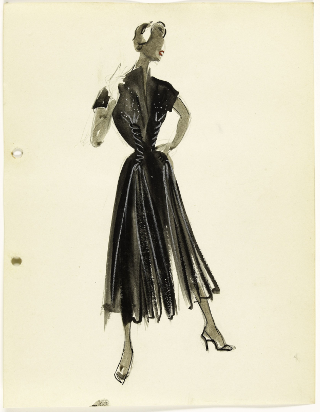 Eine 1950er-Jahre-Illustration einer Frau in einem schwarzen Kleid mit detaillierten Verzierungen, schwarzen High Heels und klassischem Hairstyle auf einem weißen Hintergrund mit einem selbstbewussten Gesichtsausdruck.