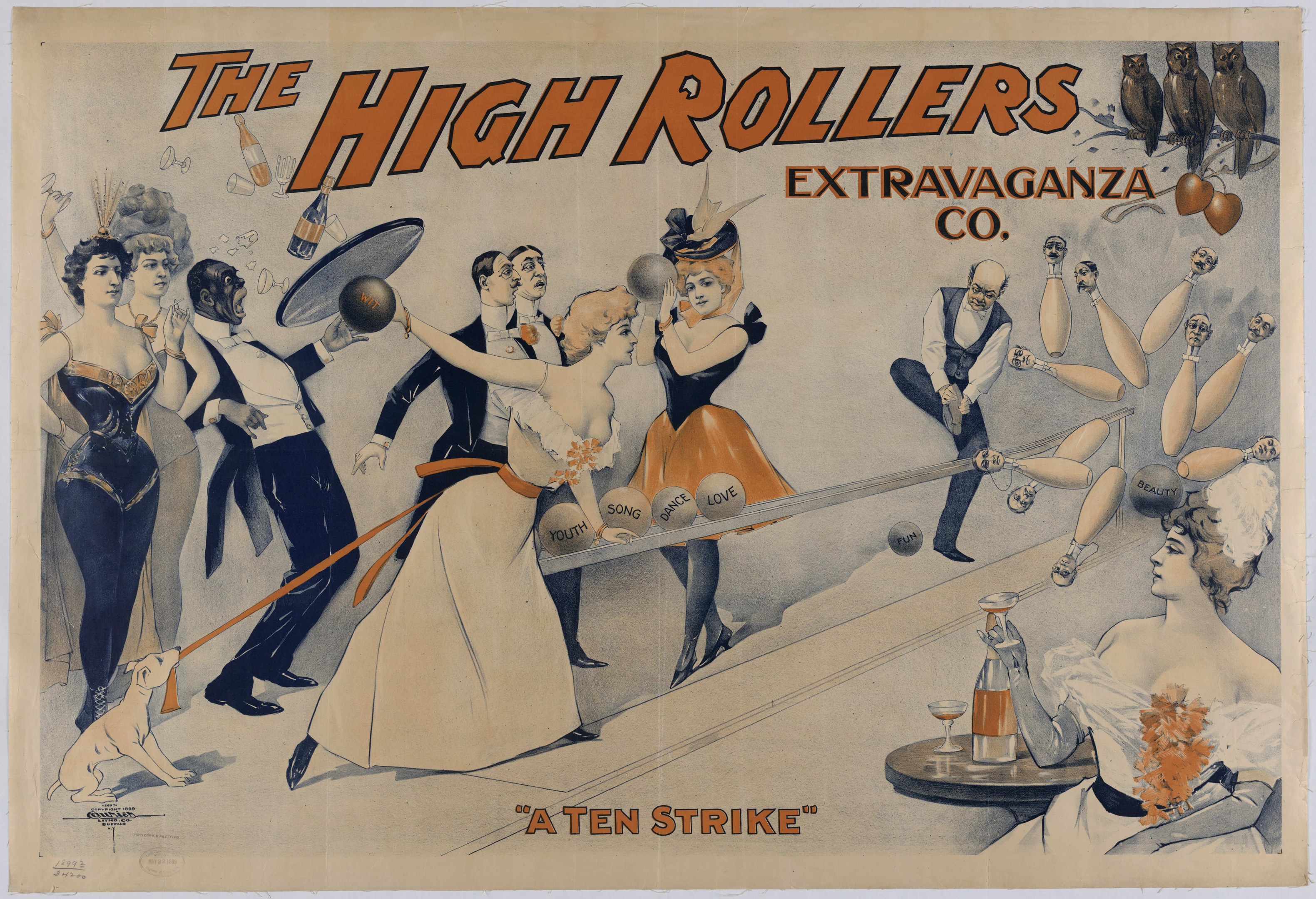 Ein Plakat aus den 1920er Jahren für die High Rollers Extravaganza Co., das ein Bowling-Spiel bewirbt, mit Menschen in vintage-Kleidung und dem Text 'Ein Zehn Strike' oben drauf.