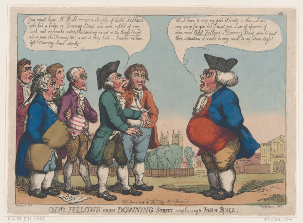 Cartoon-Illustration von Menschen, die vor einem Gebäude mit Bäumen und Himmel stehen, mit Text unten, der "odd fellows from downing street complaining to John Bull" lautet.