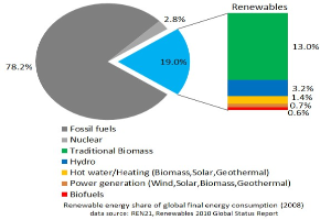Tortendiagramm, das den globalen erneuerbaren Energieverbrauch im Jahr 2008 zeigt, unterteilt in Abschnitte für fossile Brennstoffe, Kernenergie, Wasserkraft, Warmwasserheizung, Biomassen, Solarenergie, Geothermie und Biokraftstoffe.