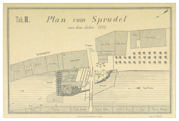 Schwarz-weiß-Zeichnung eines Stadtplans für Spruidel, Deutschland, mit begleitendem Text auf einem Plakat.