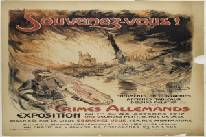 Ausstellungsplakat mit dem Titel "Souvenez-vous Crimes Allemands" mit einer zentralen Figur mit menschlichem Gesicht und umgebenem Text.