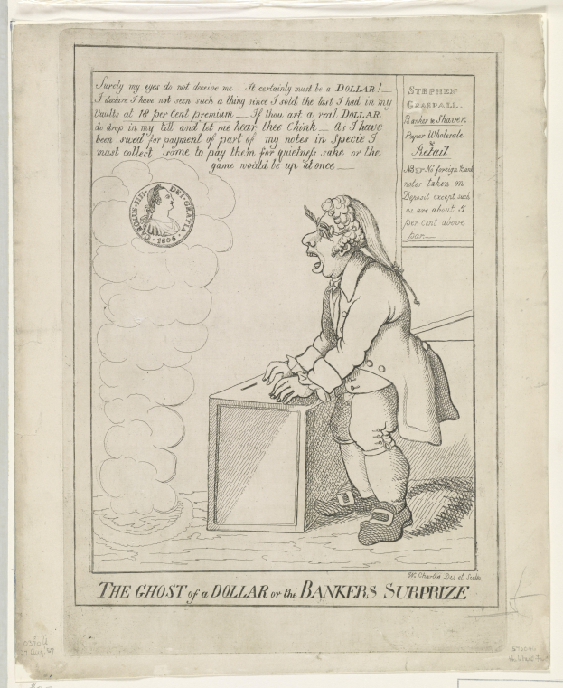 Eine Zeichnung einer Person, die vor einer Kiste steht und ängstlich nach oben schaut, mit der Aufschrift "Der Geist eines Dollars oder die Überraschung der Banker" darüber.