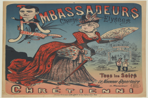 Ein Konzertplakat mit einer Frau in einem roten Kleid und einem Mann in einem schwarzen Anzug, die vor einem Gebäude stehen, mit Text, der das Ereignis in Paris, Frankreich, beschreibt.