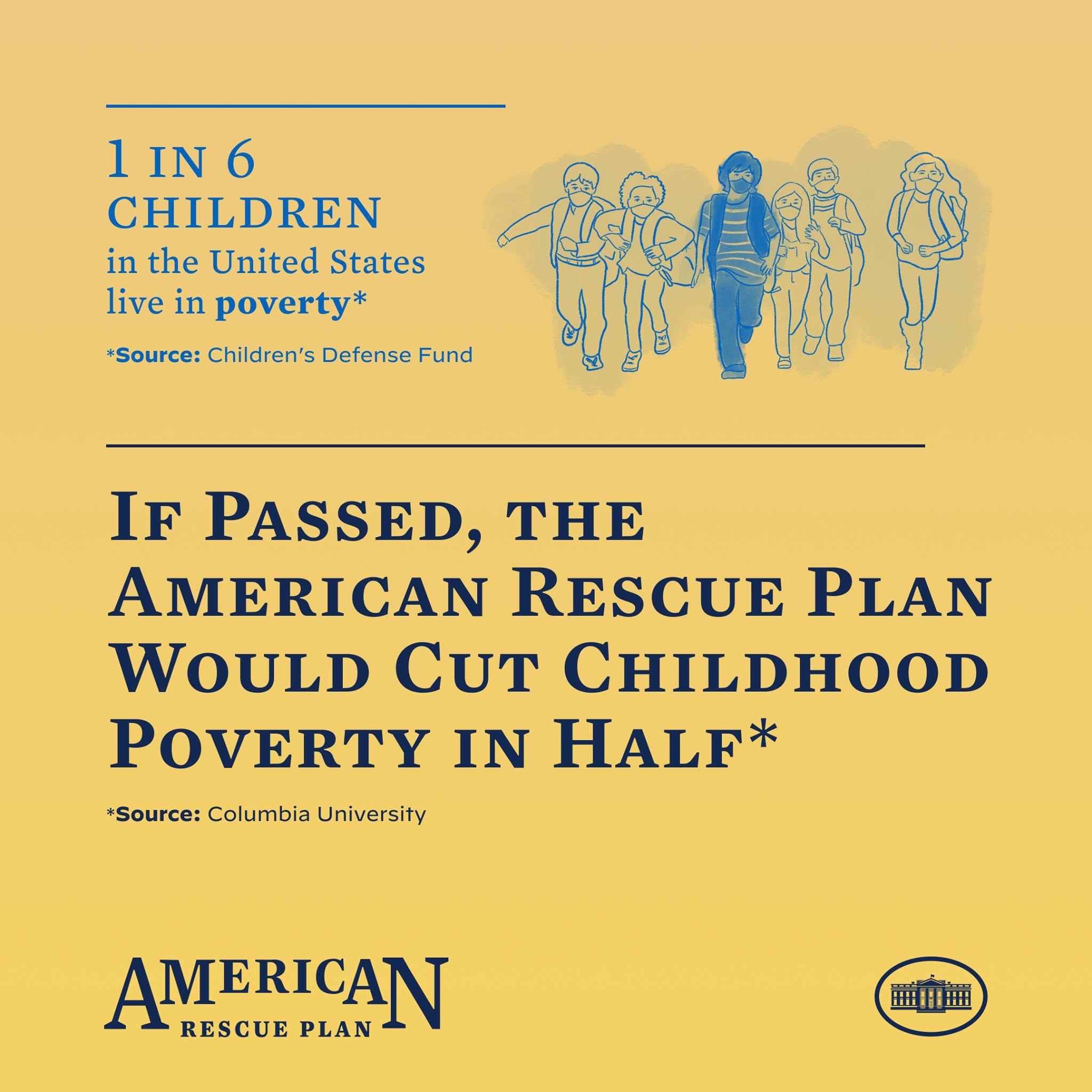 Plakat für den American Rescue Plan, das Text mit der Aussage zeigt, dass es die Kindarmut in der Hälfte reduzieren würde, und ein Bild einer vielfältigen Gruppe von Menschen.