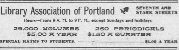 Eine Schwarz-Weiß-Anzeige für die Portlander Bibliotheksvereinigung, die Text enthält.