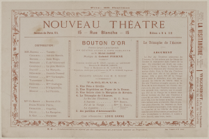 Eine alte Zeitungsannonce für das Nouveau Theatre in Boulton, Frankreich, mit Text, der das Theaterangebot beschreibt.