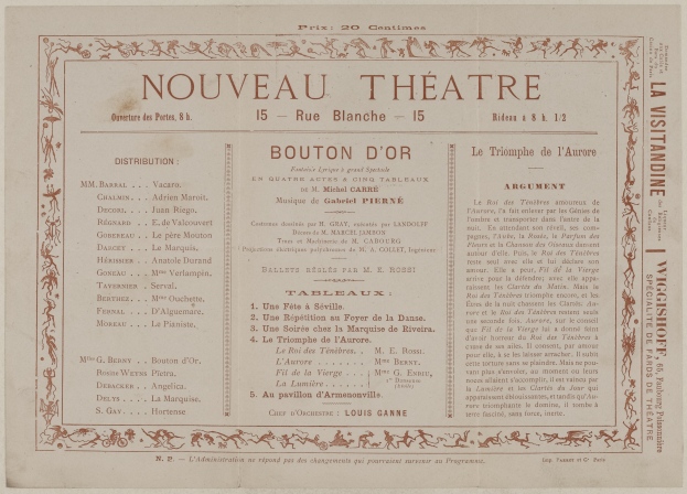 Eine alte Zeitungsannonce für das Nouveau Theatre in Boulton, Frankreich, mit Text, der das Theaterangebot beschreibt.