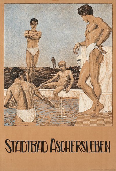 Plakat für ein Schwimmbad in Aschersleben, Deutschland, das Menschen im Wasser mit einer Person im Pool und Text mit Pool-Informationen zeigt.