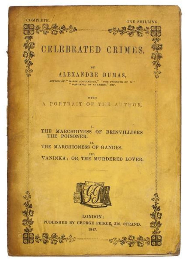 Ein altes Buch mit dem Titel "Berühmte Verbrechen" von Alexandre Dumas mit einem Porträt des Autors und kunstvollen Verzierungen auf dem Cover.
