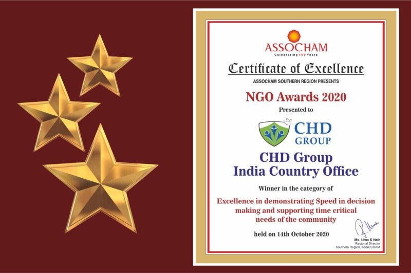 Auszeichnung "Exzellenz" für die NGO Awards 2020 mit dem Text "Chd Group India Country Office" und einem Schild-Logo mit einem Stern und einem Lorbeerkranz.