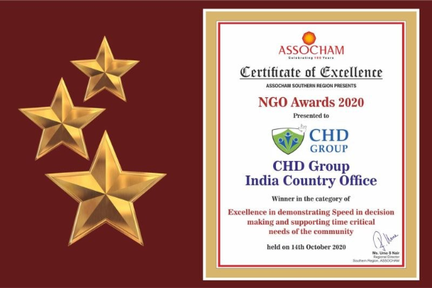 Auszeichnung "Exzellenz" für die NGO Awards 2020 mit dem Text "Chd Group India Country Office" und einem Schild-Logo mit einem Stern und einem Lorbeerkranz.