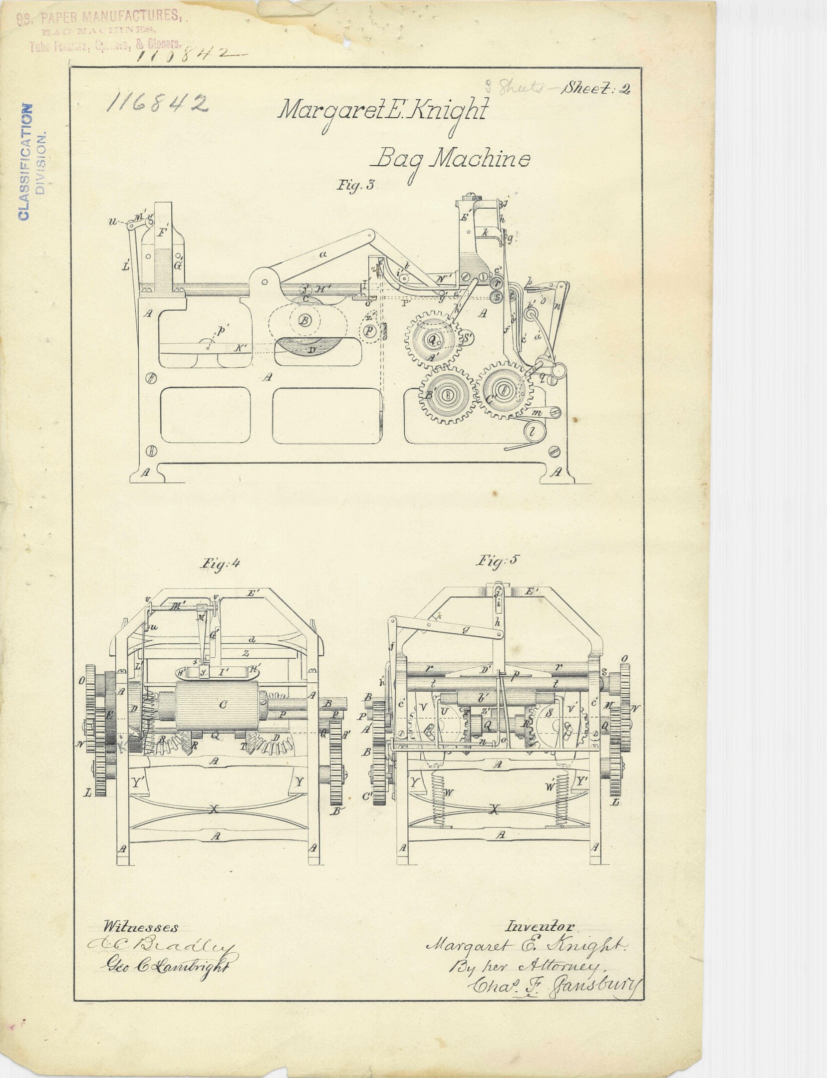 Ausführliche Linienzeichnung einer Bag-Maschine auf Papier, die Komponenten wie einen Griff und Räder zeigt, mit begleitendem Text.