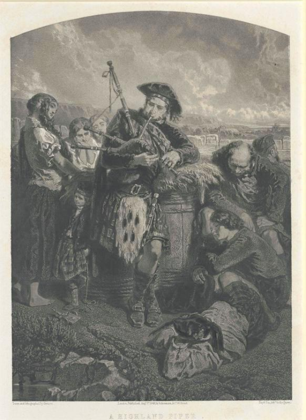 Schwarze und weiße Gravur eines Mannes, der eine Dudelsackpfeife vor einer Gruppe von Menschen spielt, mit einem bewölkten Himmel und der Inschrift "Eine Highland-Pfeife" unten.