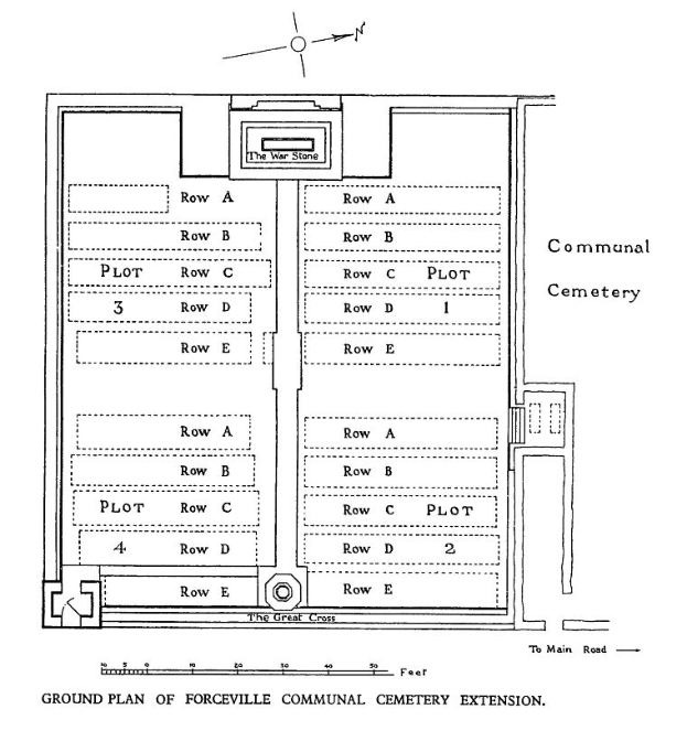 Ein detaillierter Grundrissplan des Forcerville-Gemeinschaftsfriedhofs-Zusatzes, der mehrere Räume und beschriftete Grabstellen zeigt.