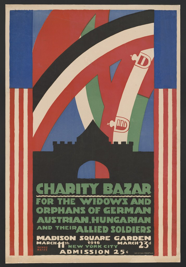 Plakat für einen Wohltätigkeitsbasar, der die Witwen und Waisen von Soldaten verschiedener Nationen unterstützt, mit Veranstaltungseinzelheiten.