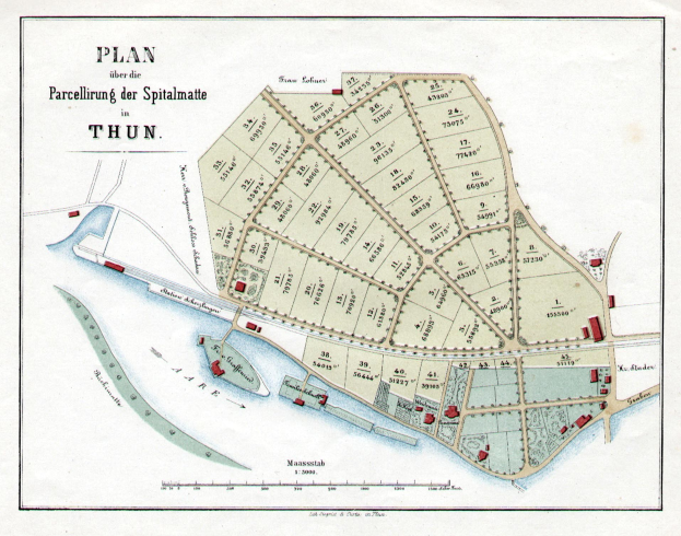 Alte detaillierte Karte von Thun, Deutschland, zeigt Straßen, Gebäude und Sehenswürdigkeiten mit handgeschriebener Text.