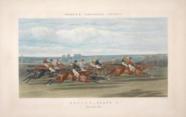 Gemälde einer Gruppe von Menschen, die auf Pferden auf einer Rennbahn reiten, mit Bäumen im Hintergrund und Wolken am Himmel, mit der Inschrift "Racing Plate 3: The Run 3" unten.