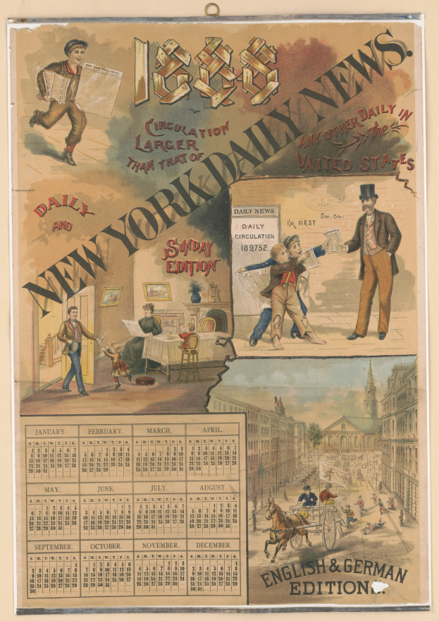 Schwarz-weißes Zeitungsblatt "New York Daily News" mit Kalender, das Bilder von Menschen, Gebäuden und Text auf einem Hintergrund einer lebhaften Stadtlandschaft zeigt.