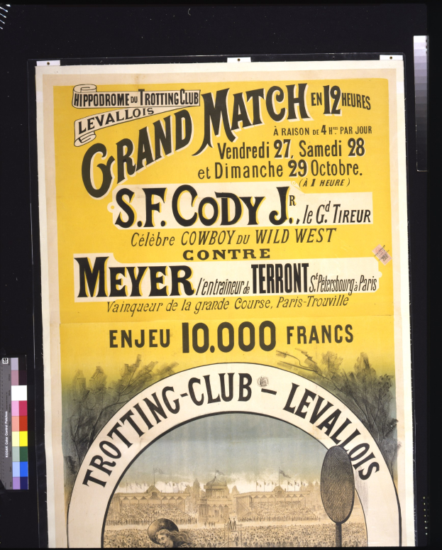 Alter Plakataufkleber für ein großes Match zwischen S.F. Cody und Meyer mit Textbeschreibung.