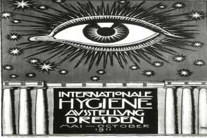 Ein schwarzes und weißes Plakat mit einem Auge in der Mitte umgeben von Sternen, mit der Aufschrift "Internationale Hygiene Ausstellung Dresden".